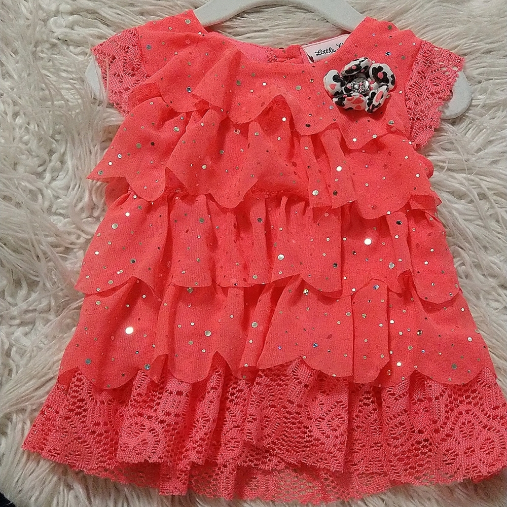 Little Lass Baby Coral Ruffel Silver and Rhinestone Dress